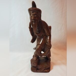 East Asian Man With Fish Vtg Hand Carved Wood Statue Figurine Chinese Japanese